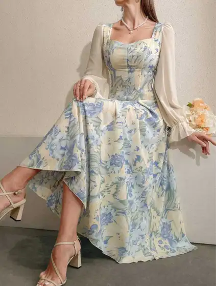 Women Fit and Flare Blue, Beige Maxi/Full Length Dress